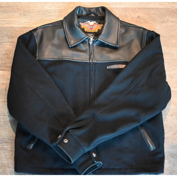 HARLEY DAVIDSON Men's Wool and Leather Trim Zip Up Motorcycle Jacket Size M USED